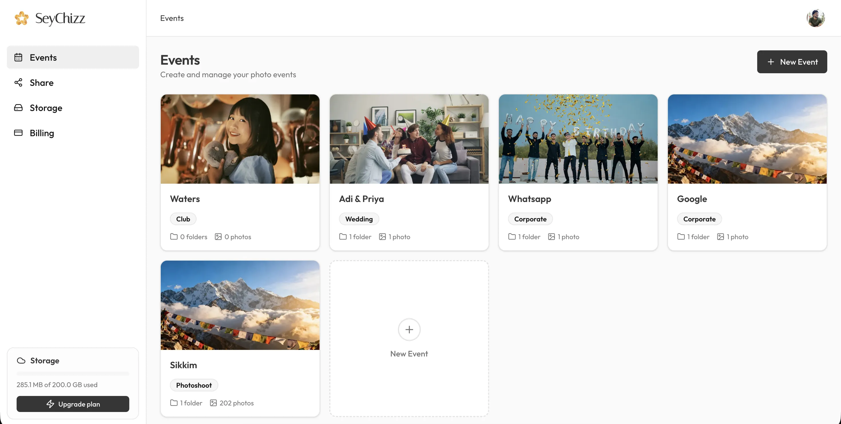 SeyChizz events dashboard for photographers
